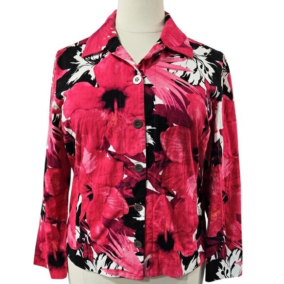 Chico's 100% Cotton Pink Floral Lightweight Button-Up Jacket Colorful Vacation - Picture 1 of 8